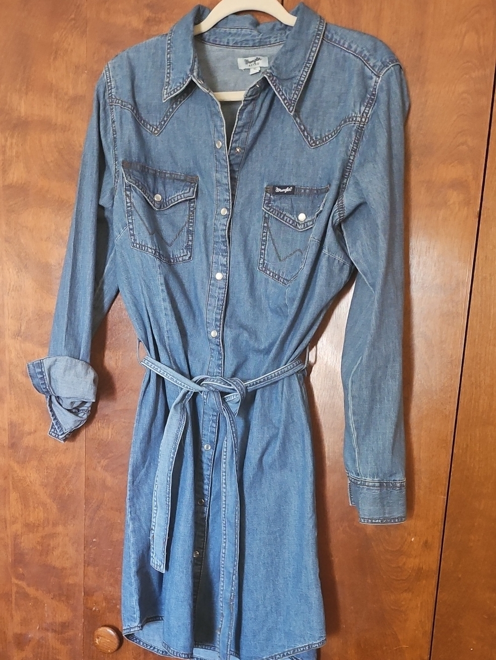 Wrangler Blue Long-Sleeve Denim Shirt Dress with Tie Belt